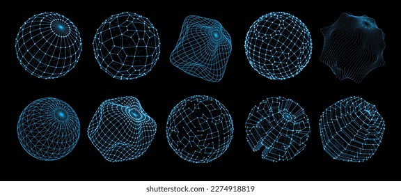 3d formas futuristas de esfera. Holograma de malla planetaria, partícula redonda, escudo de energía modelos vectores de estructura wireflame virtual. Símbolos de la esfera de la tecnología digital en el ciberespacio, la red o el bloqueo