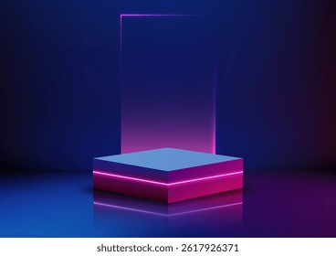 3d futuristic square podium with glowing pink neon lights in a dark room a gradient blue and purple background and reflective floor, technology concepts, product displays, modern mockups