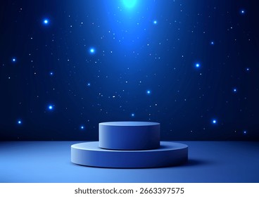 3D futuristic stage with a glowing two blue podium under a cosmic starry sky. Designed for modern product display, mockup, or showroom with abstract digital elements