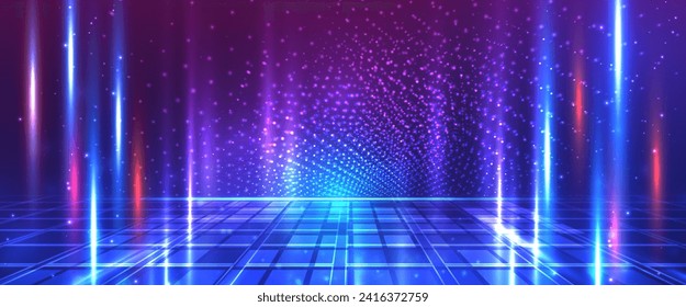 3d Futuristic technology abstract neon light background, empty space scene. Virtual reality, cyber futuristic sci-fi background. Metaverse virtual reality technology. Empty studio for mock up. Vector.