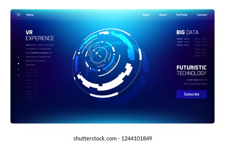 3D Futuristic Technology Colorful Website Template. Landing Page, Big Data, Virtual Reality, Artificial Intelligence, Hologram Screen, Science Fiction, Security System. Vector EPS 10 Illustration