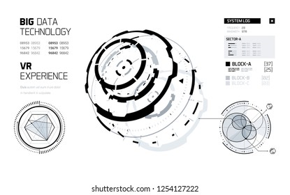 3D Futuristic Technology Elements Design Set. Big Data, Virtual Reality, Artificial Intelligence, Hologram Screen, Science Fiction, Security System. Vector EPS 10 Illustration