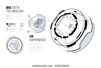 3D Futuristic Technology Elements Design Set. Big Data, Virtual Reality, Artificial Intelligence, Hologram Screen, Science Fiction, Security System. Vector EPS 10 Illustration