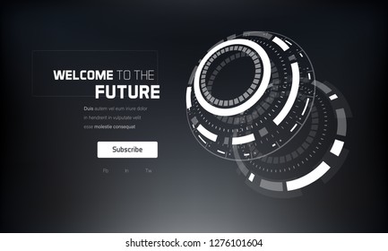 3D Futuristic Technology Elements Design. Landing Page, Big Data, Virtual Reality, Artificial Intelligence, Hologram Screen, Science Fiction, Security System. Vector EPS 10 Illustration