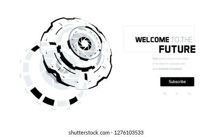 3D Futuristic Technology Elements Design. Landing Page, Big Data, Virtual Reality, Artificial Intelligence, Hologram Screen, Science Fiction, Security System. Vector EPS 10 Illustration