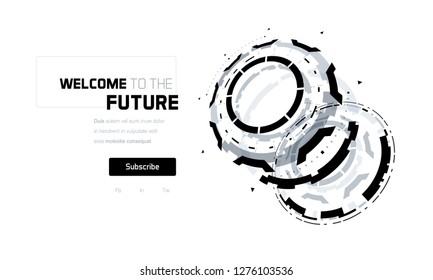 3D Futuristic Technology Elements Design. Landing Page, Big Data, Virtual Reality, Artificial Intelligence, Hologram Screen, Science Fiction, Security System. Vector EPS 10 Illustration