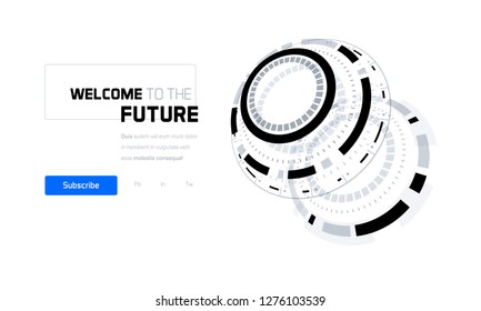 3D Futuristic Technology Elements Design. Landing Page, Big Data, Virtual Reality, Artificial Intelligence, Hologram Screen, Science Fiction, Security System. Vector EPS 10 Illustration
