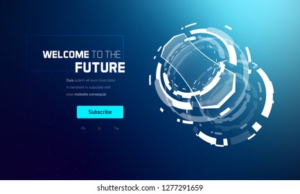 3D Futuristic Technology Elements Design. Landing Page, Big Data, Virtual Reality, Artificial Intelligence, Hologram Screen, Science Fiction, Security System. Vector EPS 10 Illustration