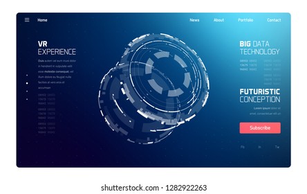 3D Futuristic Technology Elements Design. Landing Page, Big Data, Virtual Reality, Artificial Intelligence, Hologram Screen, Science Fiction, Security System. Vector EPS 10 Illustration