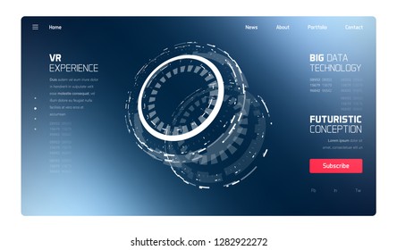 3D Futuristic Technology Elements Design. Landing Page, Big Data, Virtual Reality, Artificial Intelligence, Hologram Screen, Science Fiction, Security System. Vector EPS 10 Illustration