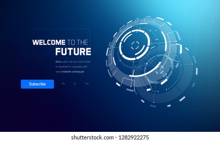 3D Futuristic Technology Elements Design. Landing Page, Big Data, Virtual Reality, Artificial Intelligence, Hologram Screen, Science Fiction, Security System. Vector EPS 10 Illustration