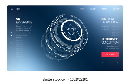 3D Futuristic Technology Elements Design. Landing Page, Big Data, Virtual Reality, Artificial Intelligence, Hologram Screen, Science Fiction, Security System. Vector EPS 10 Illustration