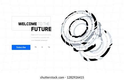 3D Futuristic Technology Elements Design. Landing Page, Big Data, Virtual Reality, Artificial Intelligence, Hologram Screen, Science Fiction, Security System. Vector EPS 10 Illustration