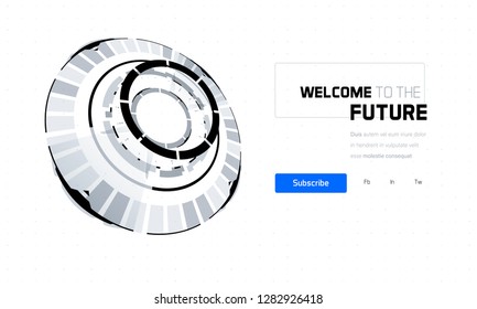 3D Futuristic Technology Elements Design. Landing Page, Big Data, Virtual Reality, Artificial Intelligence, Hologram Screen, Science Fiction, Security System. Vector EPS 10 Illustration