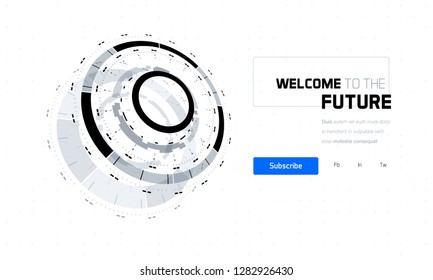 3D Futuristic Technology Elements Design. Landing Page, Big Data, Virtual Reality, Artificial Intelligence, Hologram Screen, Science Fiction, Security System. Vector EPS 10 Illustration