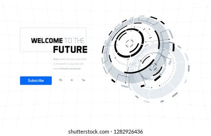 3D Futuristic Technology Elements Design. Landing Page, Big Data, Virtual Reality, Artificial Intelligence, Hologram Screen, Science Fiction, Security System. Vector EPS 10 Illustration