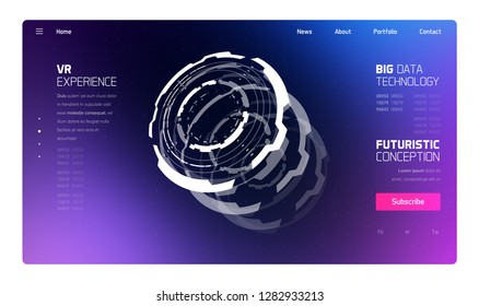 3D Futuristic Technology Elements Design. Landing Page, Big Data, Virtual Reality, Artificial Intelligence, Hologram Screen, Science Fiction, Security System. Vector EPS 10 Illustration