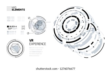 3D Futuristic Technology HUD Interface Elements Set. Big Data, Virtual Reality, Artificial Intelligence, Hologram Screen, Science Fiction, Security System. Vector EPS 10 Illustration