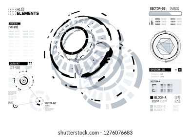 3D Futuristic Technology HUD Interface Elements Set. Big Data, Virtual Reality, Artificial Intelligence, Hologram Screen, Science Fiction, Security System. Vector EPS 10 Illustration