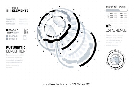 3D Futuristic Technology HUD Interface Elements Set. Big Data, Virtual Reality, Artificial Intelligence, Hologram Screen, Science Fiction, Security System. Vector EPS 10 Illustration
