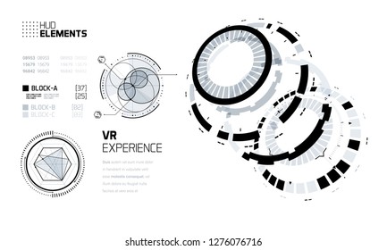 3D Futuristic Technology HUD Interface Elements Set. Big Data, Virtual Reality, Artificial Intelligence, Hologram Screen, Science Fiction, Security System. Vector EPS 10 Illustration