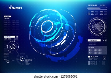 3D Futuristic Technology HUD Interface Elements Set. Big Data, Virtual Reality, Artificial Intelligence, Hologram Screen, Science Fiction, Security System. Vector EPS 10 Illustration