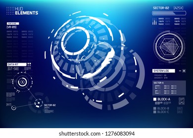 3D Futuristic Technology HUD Interface Elements Set. Big Data, Virtual Reality, Artificial Intelligence, Hologram Screen, Science Fiction, Security System. Vector EPS 10 Illustration