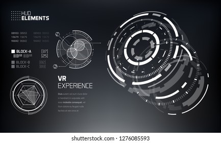 3D Futuristic Technology HUD Interface Elements Set. Big Data, Virtual Reality, Artificial Intelligence, Hologram Screen, Science Fiction, Security System. Vector EPS 10 Illustration