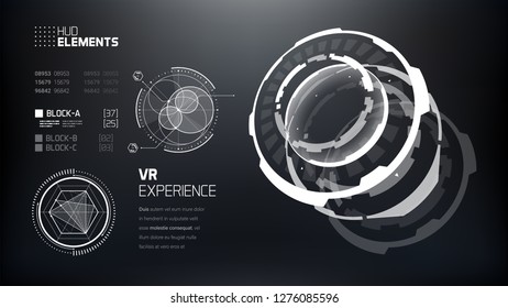 3D Futuristic Technology HUD Interface Elements Set. Big Data, Virtual Reality, Artificial Intelligence, Hologram Screen, Science Fiction, Security System. Vector EPS 10 Illustration
