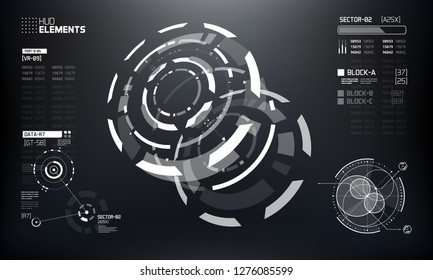 3D Futuristic Technology HUD Interface Elements Set. Big Data, Virtual Reality, Artificial Intelligence, Hologram Screen, Science Fiction, Security System. Vector EPS 10 Illustration