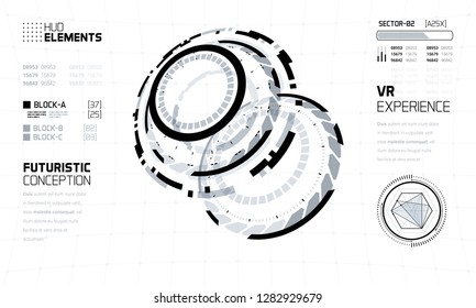 3D Futuristic Technology HUD Interface Elements Set. Big Data, Virtual Reality, Artificial Intelligence, Hologram Screen, Science Fiction, Security System. Vector EPS 10 Illustration