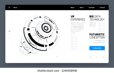 3D Futuristic Technology Minimalistic Website Template. Landing Page, Big Data, Virtual Reality, Artificial Intelligence, Hologram Screen, Science Fiction, Security System. Vector EPS 10 Illustration