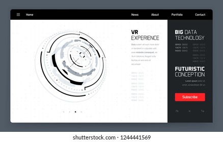 3D Futuristic Technology Minimalistic Website Template. Landing Page, Big Data, Virtual Reality, Artificial Intelligence, Hologram Screen, Science Fiction, Security System. Vector EPS 10 Illustration