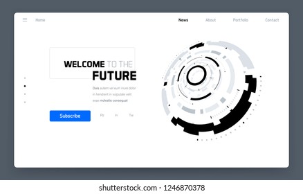 3D Futuristic Technology Minimalistic Website Template. Landing Page, Big Data, Virtual Reality, Artificial Intelligence, Hologram Screen, Science Fiction, Security System. Vector EPS 10 Illustration