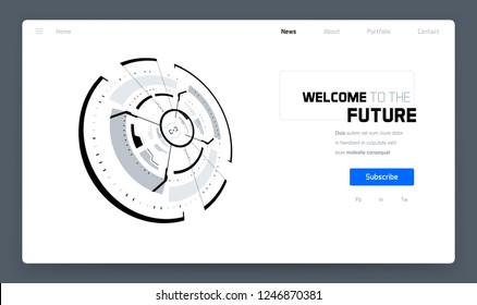 3D Futuristic Technology Minimalistic Website Template. Landing Page, Big Data, Virtual Reality, Artificial Intelligence, Hologram Screen, Science Fiction, Security System. Vector EPS 10 Illustration