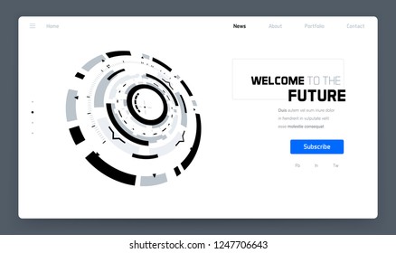 3D Futuristic Technology Minimalistic Website Template. Landing Page, Big Data, Virtual Reality, Artificial Intelligence, Hologram Screen, Science Fiction, Security System. Vector EPS 10 Illustration