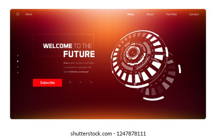 3D Futuristic Technology Minimalistic Website Template. Landing Page, Big Data, Virtual Reality, Artificial Intelligence, Hologram Screen, Science Fiction, Security System. Vector EPS 10 Illustration
