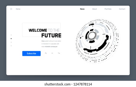 3D Futuristic Technology Minimalistic Website Template. Landing Page, Big Data, Virtual Reality, Artificial Intelligence, Hologram Screen, Science Fiction, Security System. Vector EPS 10 Illustration