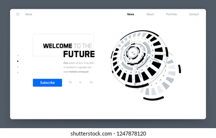 3D Futuristic Technology Minimalistic Website Template. Landing Page, Big Data, Virtual Reality, Artificial Intelligence, Hologram Screen, Science Fiction, Security System. Vector EPS 10 Illustration