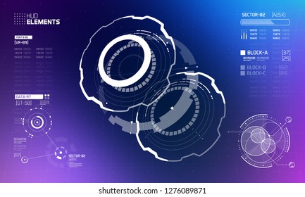 3D Futuristic Technology Neon HUD Interface Elements Set. Big Data, Virtual Reality, Artificial Intelligence, Hologram Screen, Science Fiction, Security System. Vector EPS 10 Illustration