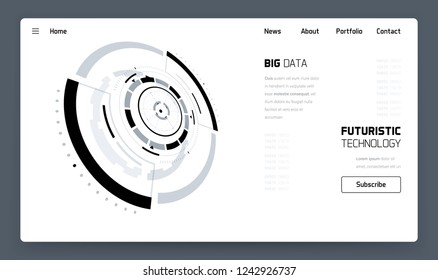3D Futuristic Technology Website Template. Landing Page, Big Data, Virtual Reality, Artificial Intelligence, Hologram Screen, Science Fiction, Security System. Vector EPS 10 Illustration