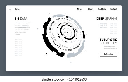3D Futuristic Technology Website Template. Landing Page, Big Data, Virtual Reality, Artificial Intelligence, Hologram Screen, Science Fiction, Security System. Vector EPS 10 Illustration