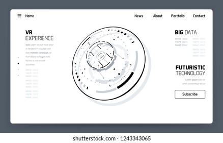 3D Futuristic Technology Website Template. Landing Page, Big Data, Virtual Reality, Artificial Intelligence, Hologram Screen, Science Fiction, Security System. Vector EPS 10 Illustration