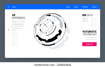 3D Futuristic Technology Website Template. Landing Page, Big Data, Virtual Reality, Artificial Intelligence, Hologram Screen, Science Fiction, Security System. Vector EPS 10 Illustration