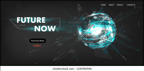 3D Futuristic Technology Website Template. Landing Page, Big Data, Virtual Reality, Artificial Intelligence, Hologram Screen, Science Fiction, Security System. Mock up website. Vector illustration