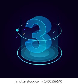 3d futuristic tiffany blue line number vector on round platform, shiny isometric count down illustration light shimmer stage, e-commerce sale promotion, technology digital typography of three 3 symbol