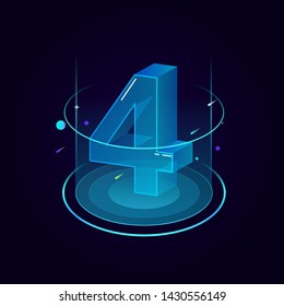 3d Futuristic Tiffany Blue Line Number Vector On Round Platform, Shiny Isometric Count Down Illustration Light Shimmer Stage, E-commerce Sale Promotion, Technology Digital Typography Of Four 4 Symbol