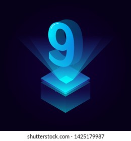 3d futuristic tiffany blue solid number vector on square platform, shiny digital isometric count illustration with spotlight shimmer on light cube stage, technology typography of number nine 9 symbol