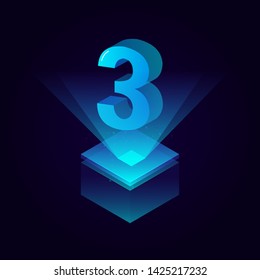 3d futuristic tiffany blue solid number vector on square platform, shiny digital isometric count illustration with spotlight shimmer on light cube stage, technology typography of number three 3 symbol