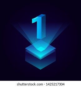 3d futuristic tiffany blue solid number vector on square platform, shiny digital isometric count illustration with spotlight shimmer on light cube stage, technology typography of number one 1 symbol